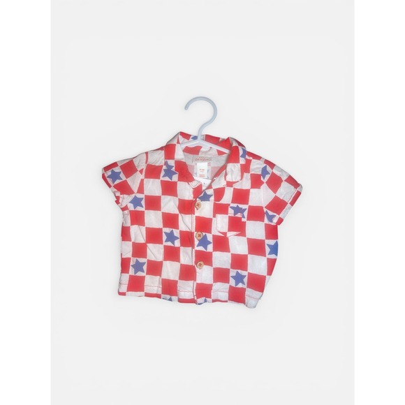 Cat & Jack Baby Boys Red White Checkered Blue Star Button Down Shirt 0-3M - Picture 2 of 3